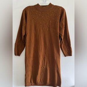 Vintage Balmoral Brown Knit Midi Dress Floral Embroidery Wool Blend Boho L